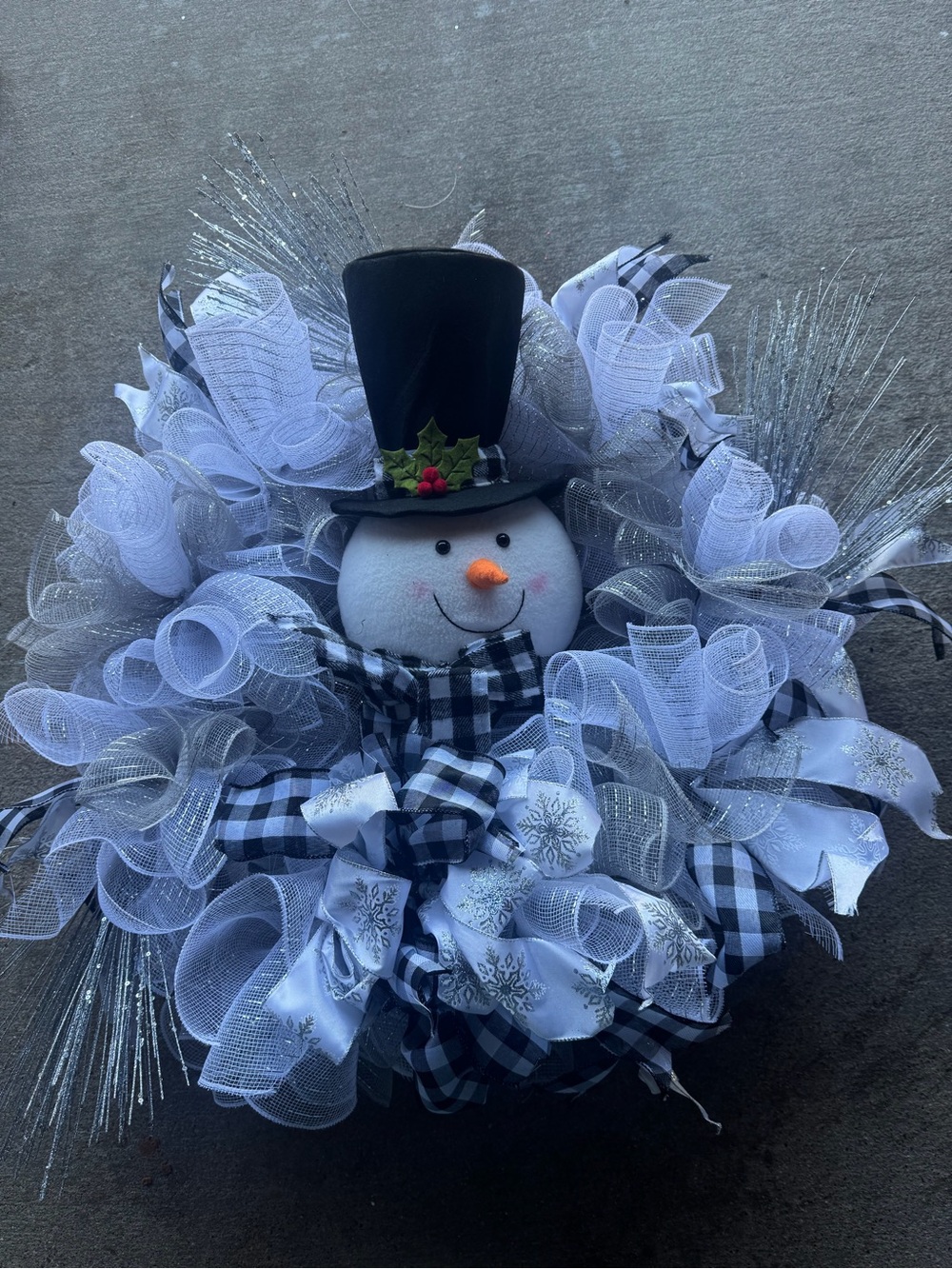 Festive White Snowman Holiday Wreath with Black Hat